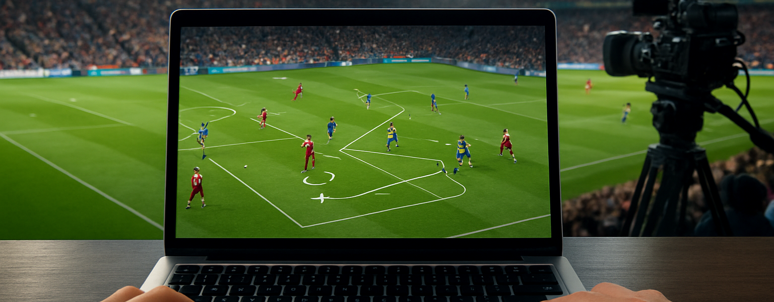 A person viewing a football match on a laptop with tactical diagrams overlaying the game footage.