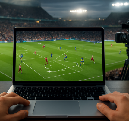 A person viewing a football match on a laptop with tactical diagrams overlaying the game footage.