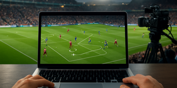 A person viewing a football match on a laptop with tactical diagrams overlaying the game footage.