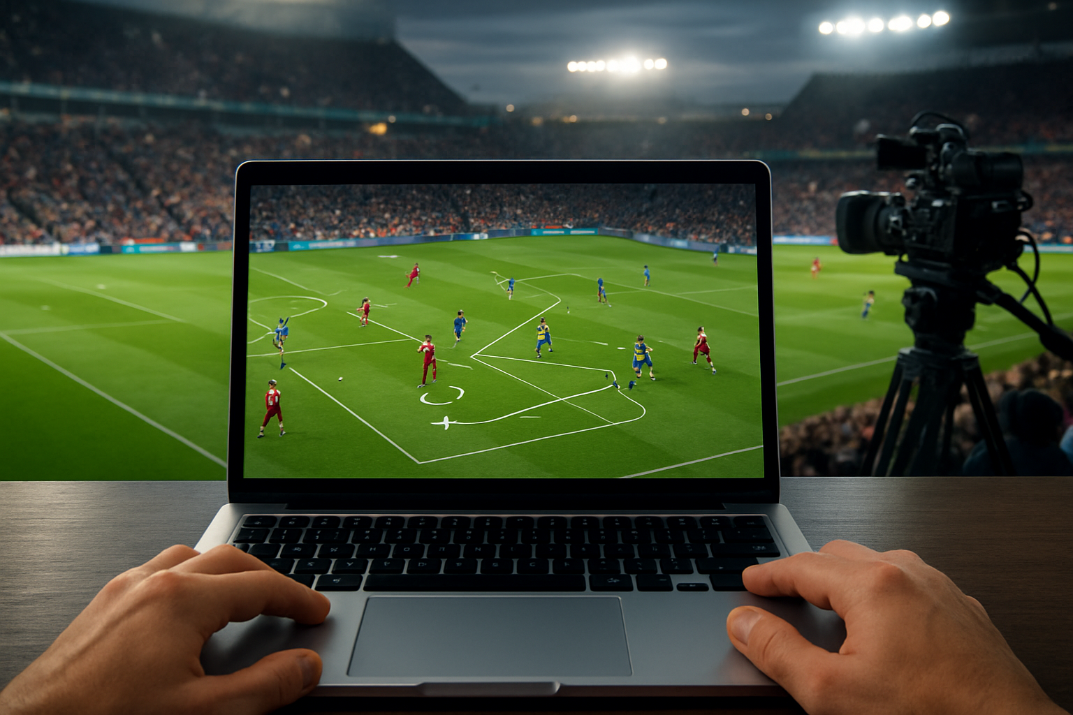 A person viewing a football match on a laptop with tactical diagrams overlaying the game footage.